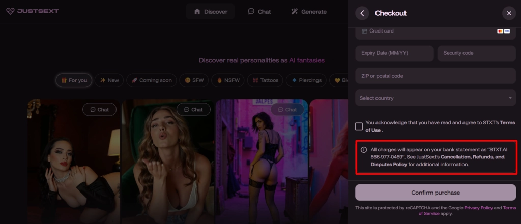 JustSext Privacy- Discreet Billing